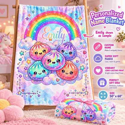 Personalized 50×60 Cozy Plush Fleece Blanket – Rainbow Kawaii Friends With Custom Name
