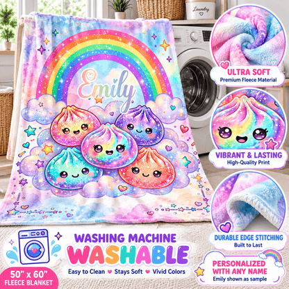 Personalized 50×60 Cozy Plush Fleece Blanket – Rainbow Kawaii Friends With Custom Name