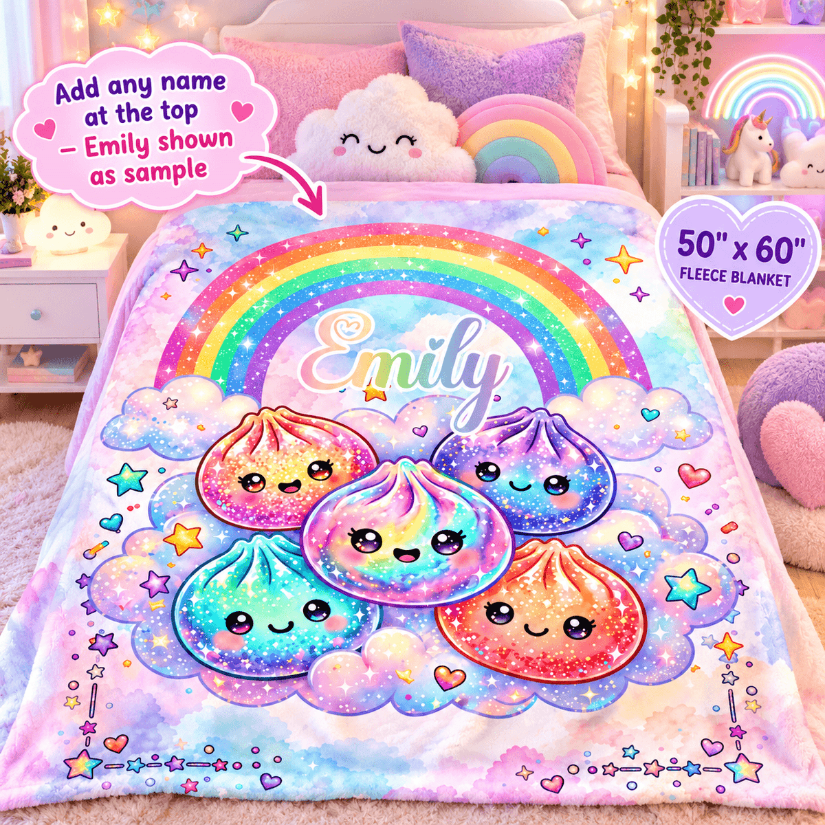 A pastel rainbow fleece blanket with four smiling kawaii dumpling characters and the name 'Emily' in the center, styled on a bed in a cozy bedroom scene. Text callouts mention adding any name and note the 50" x 60" fleece blanket size.