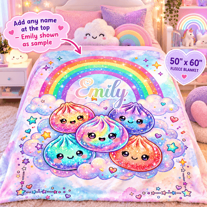 A pastel rainbow fleece blanket with four smiling kawaii dumpling characters and the name 'Emily' in the center, styled on a bed in a cozy bedroom scene. Text callouts mention adding any name and note the 50" x 60" fleece blanket size.