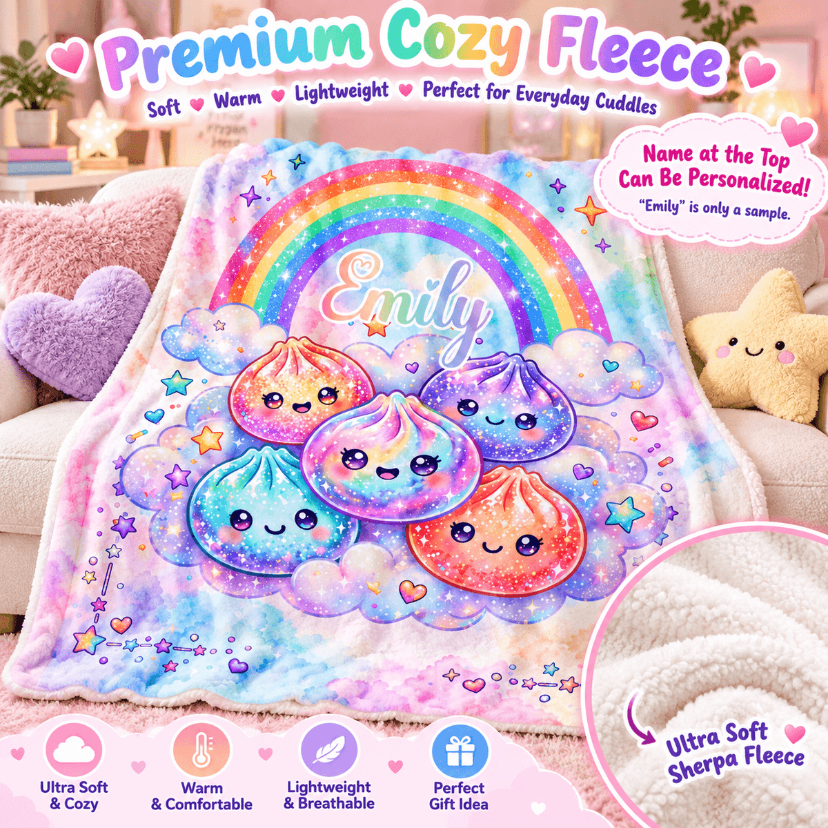 Personalized 50×60 Cozy Plush Fleece Blanket – Rainbow Kawaii Friends With Custom Name