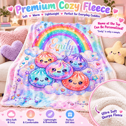 Personalized 50×60 Cozy Plush Fleece Blanket – Rainbow Kawaii Friends With Custom Name