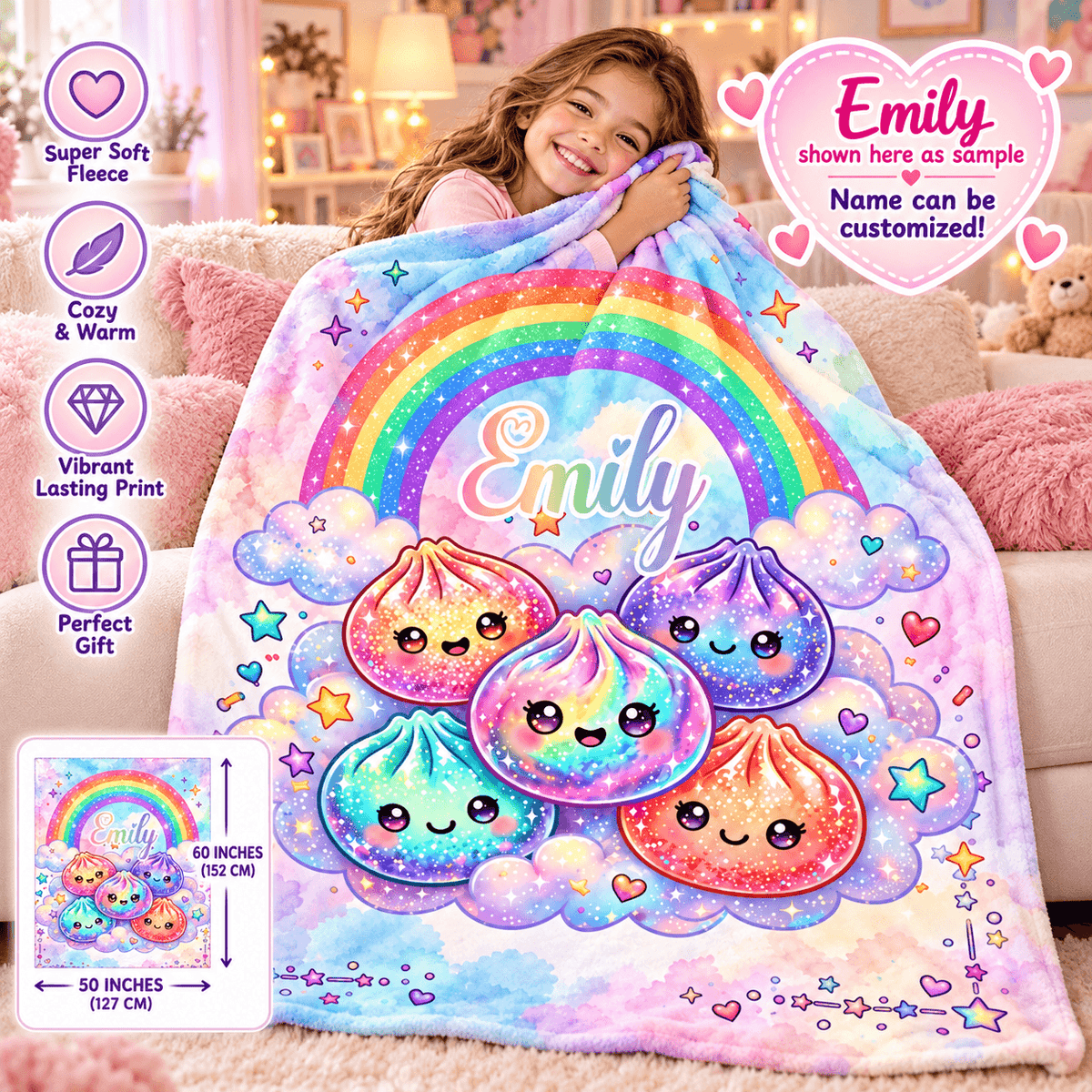 A smiling girl sits on a pink couch holding a pastel rainbow personalized blanket. The blanket features cute smiling macarons, stars, hearts, and the name 'Emily' in the center.