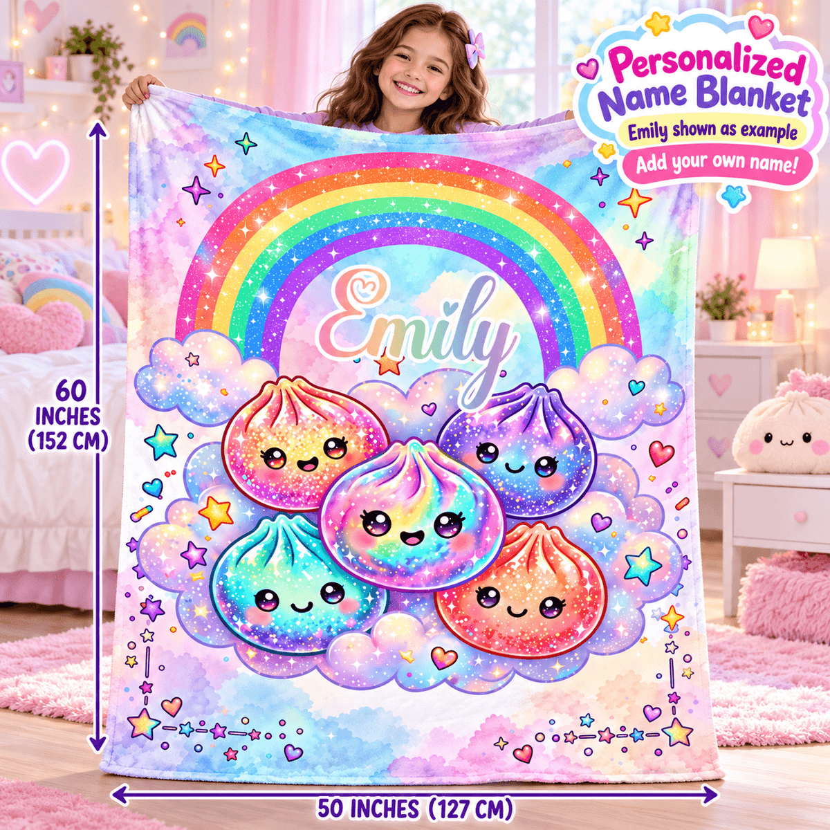 A child holds up a large personalized blanket in a pink bedroom. The blanket features a colorful rainbow, cute smiling dumpling characters, clouds, stars, and the name 'Emily' in the center.