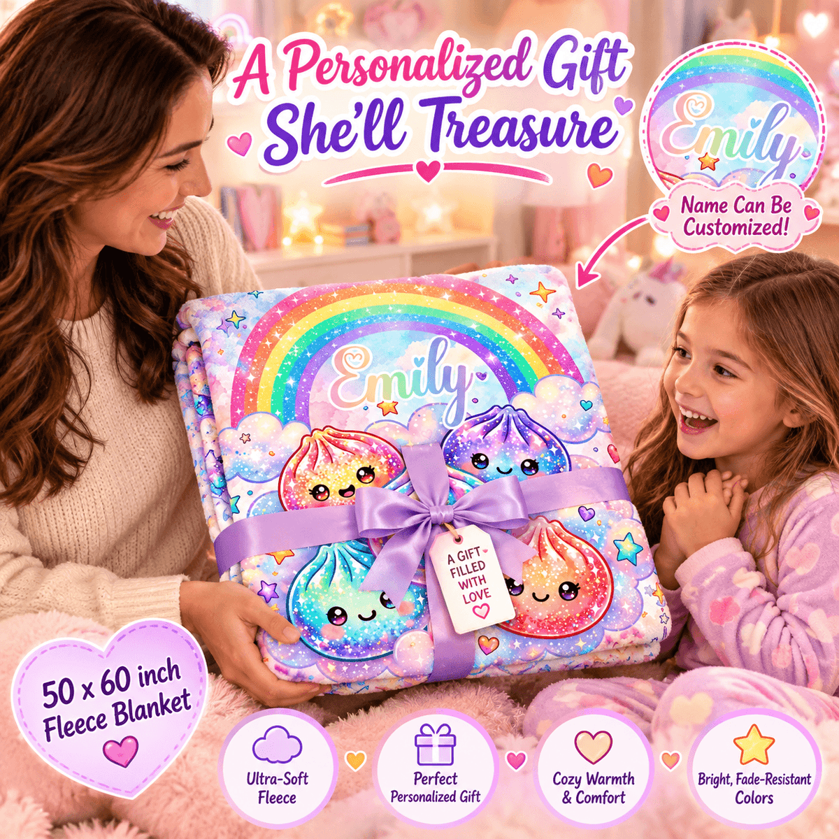 A woman and a child are smiling while holding a personalized 50 x 60 inch fleece blanket. The blanket features a colorful pastel rainbow, cute 3D-knitted character cookies, and the name 'Emily' in glittery lettering.