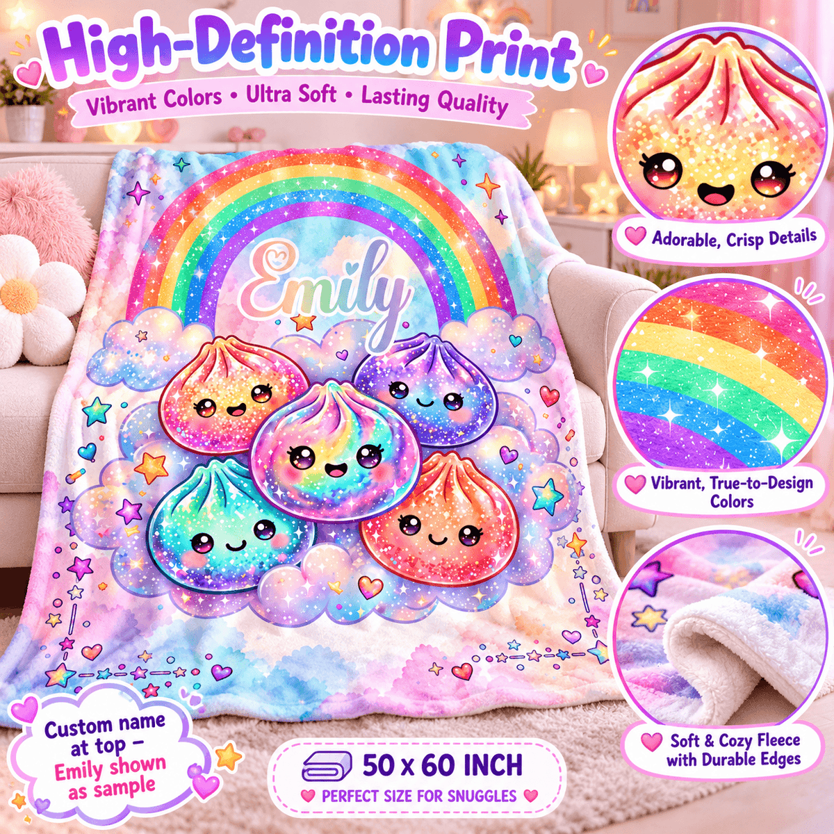 Personalized 50×60 Cozy Plush Fleece Blanket – Rainbow Kawaii Friends With Custom Name