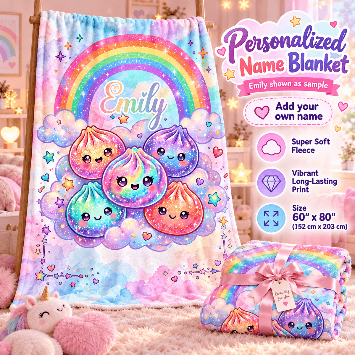 Personalized name blanket featuring a pastel rainbow and cute pastel dumpling characters, shown hanging on a wooden stand with a folded matching blanket wrapped in pink ribbon beside it. The image includes promotional text overlays describing the product features and sample personalization.