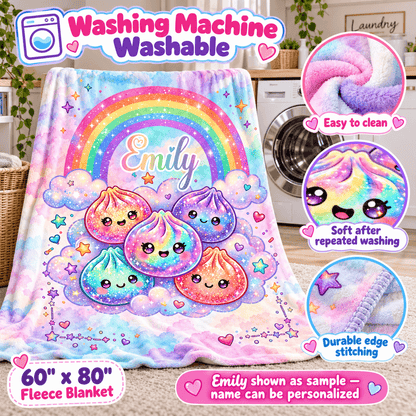 A colorful fleece blanket with a rainbow, cute pastel dumpling characters, clouds, stars, and the name 'Emily' printed on it, shown hanging in a laundry room. The image includes promotional callouts and circular inset close-ups about washability, cleaning, softness, and edge stitching.