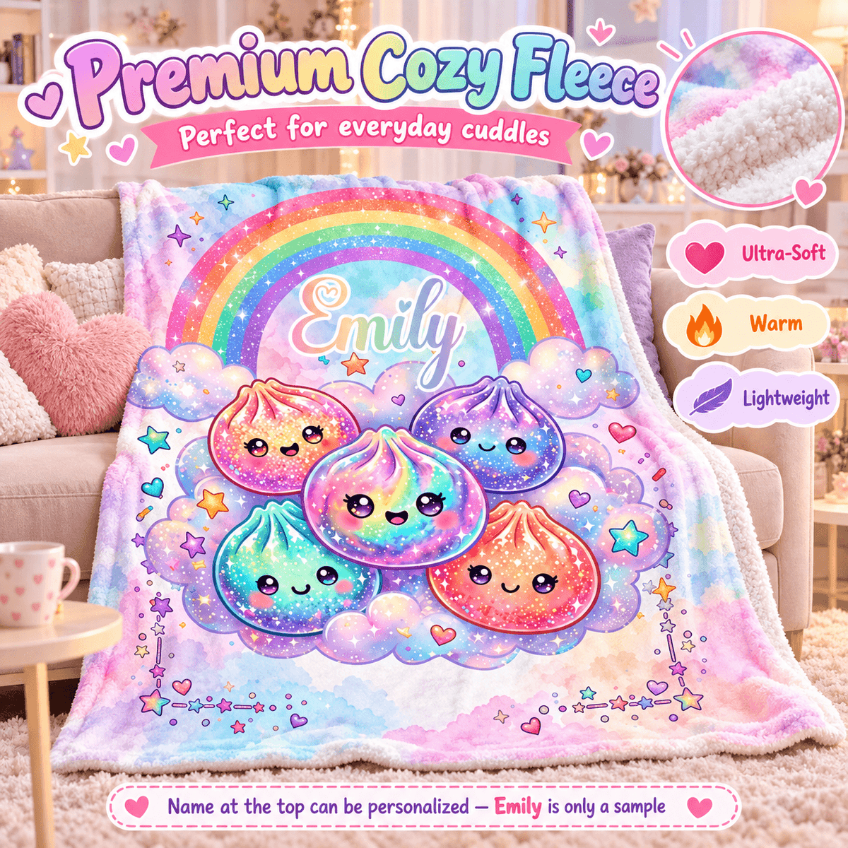 A pastel plush blanket with a rainbow and cute character graphics draped over a sofa in a living room. The blanket has a soft sherpa-like texture, a rainbow arch, smiling pastel character motifs, clouds, stars, and the name 'Emily' printed at the top.