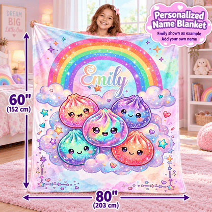 A child holds up a colorful personalized blanket in a bedroom setting. The blanket features a rainbow, cute smiling dumpling characters, clouds, stars, and the name 'Emily' in the center.