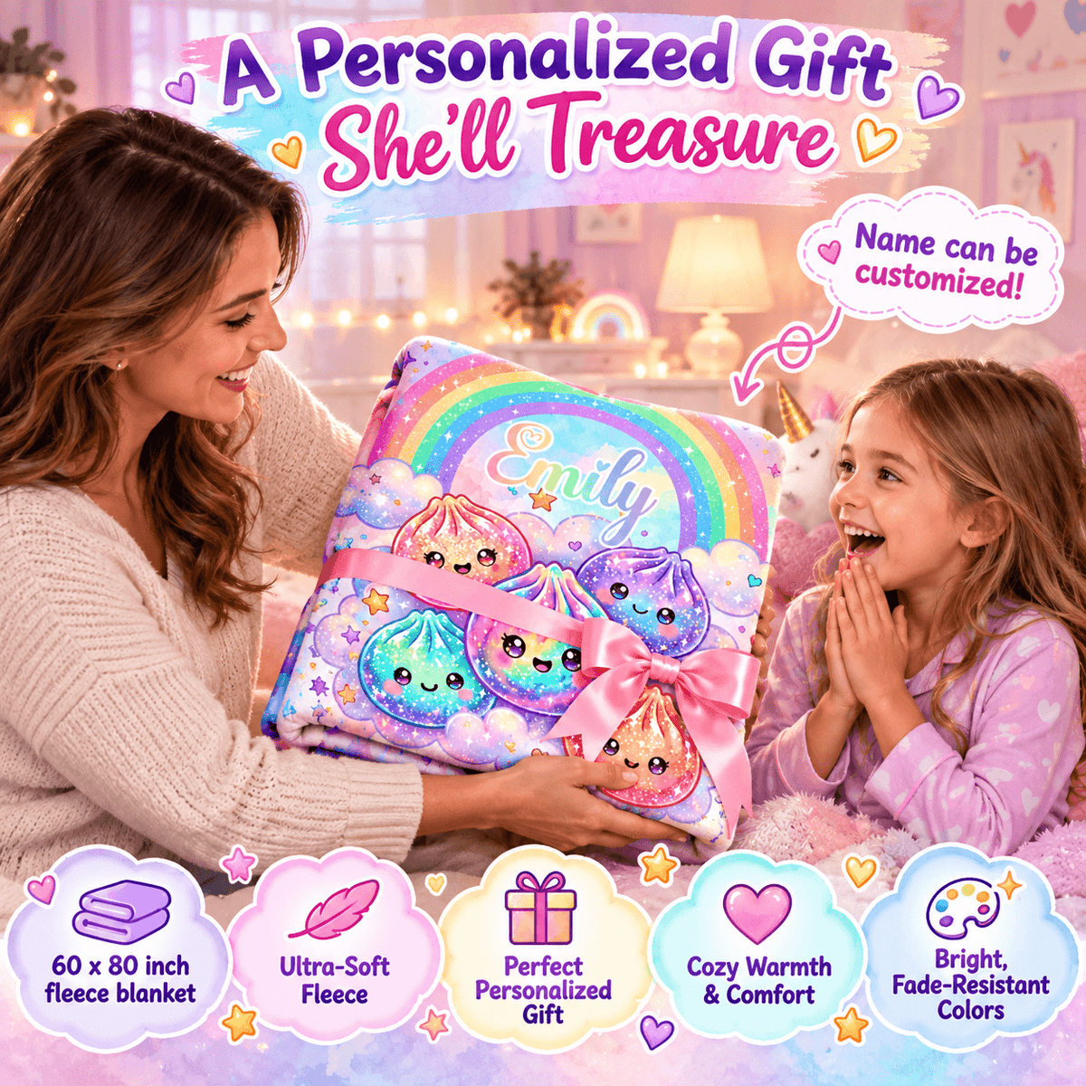 A woman and a young girl are smiling while holding a personalized fleece blanket. The blanket features a colorful rainbow, cute kawaii characters, and the name 'Emily' in the center, tied with a pink ribbon.