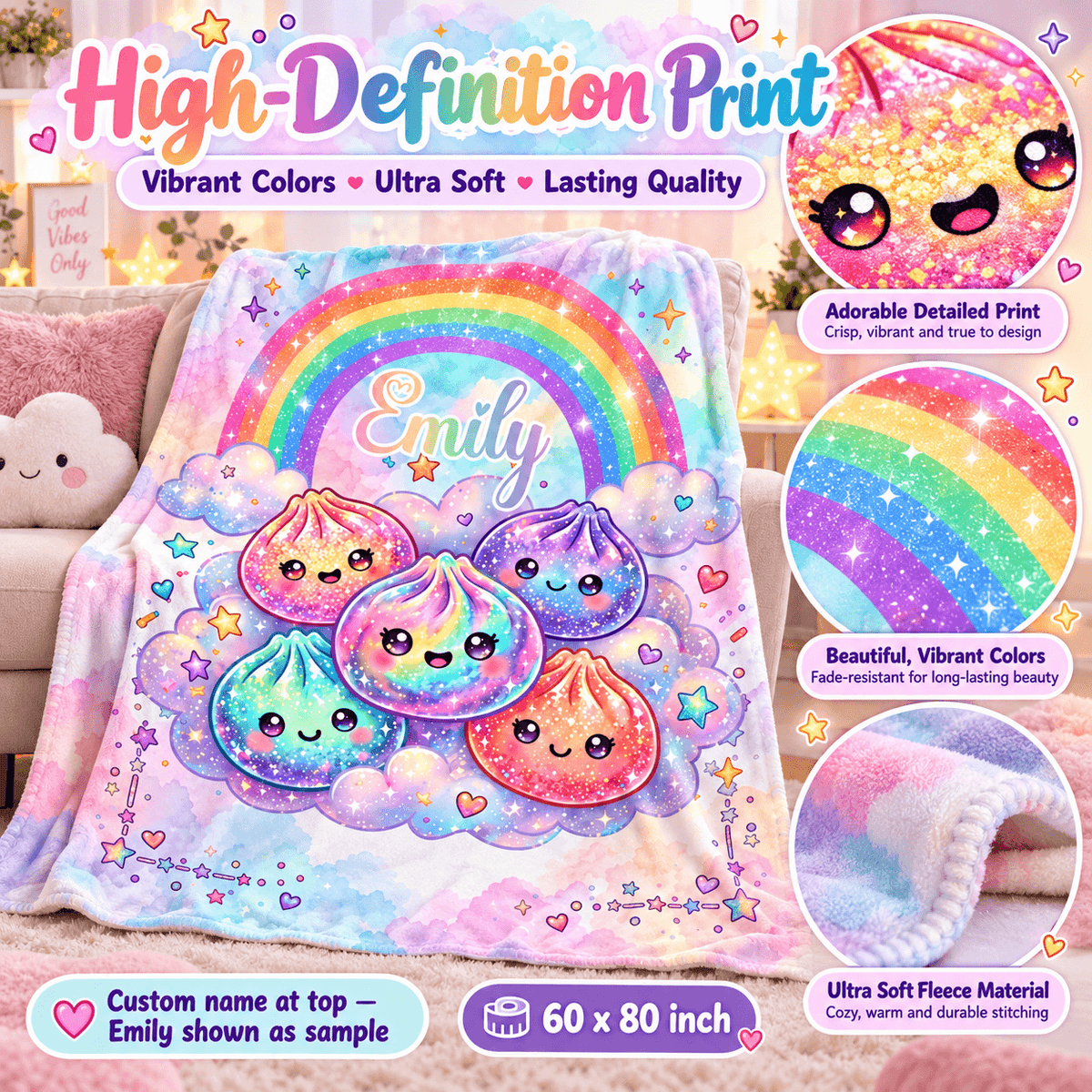 A colorful fleece throw blanket with a pastel rainbow, cute kawaii dumpling characters, stars, and the name 'Emily' printed on it, shown draped over a sofa in a living room. The image includes promotional callouts and close-up detail circles highlighting the print, texture, and vibrant colors.