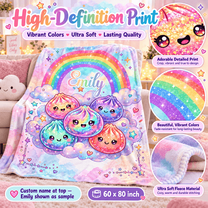 A colorful fleece throw blanket with a pastel rainbow, cute kawaii dumpling characters, stars, and the name 'Emily' printed on it, shown draped over a sofa in a living room. The image includes promotional callouts and close-up detail circles highlighting the print, texture, and vibrant colors.