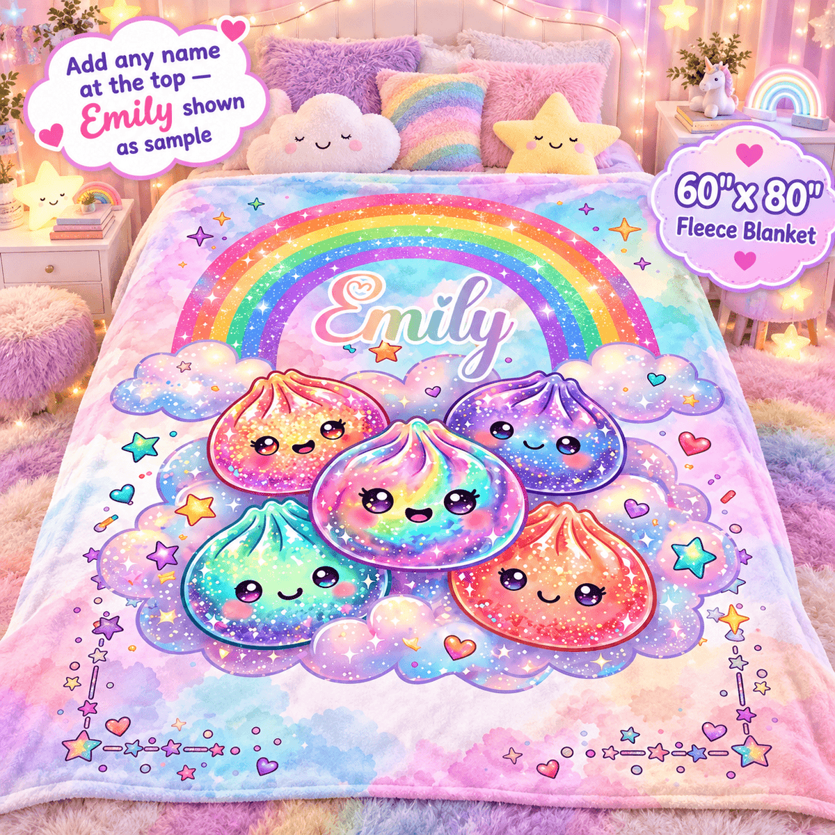A pastel rainbow fleece blanket with cute kawaii mochi characters, stars, hearts, and the name 'Emily' printed on it, styled on a bed in a pink bedroom setting with pillows and decorative text callouts.