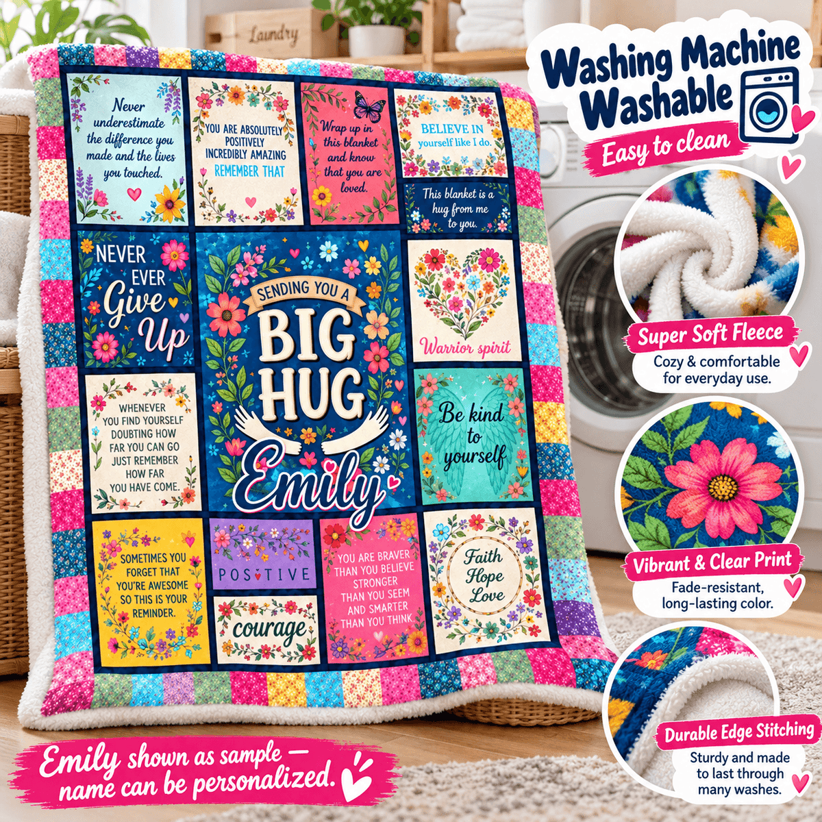 Sending You a Big Hug Blanket – Colorful Floral Encouragement Cozy Plush Fleece Blanket 60×80