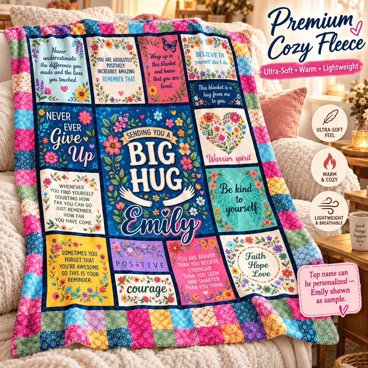 Sending You a Big Hug Blanket – Colorful Floral Encouragement Cozy Plush Fleece Blanket 60×80