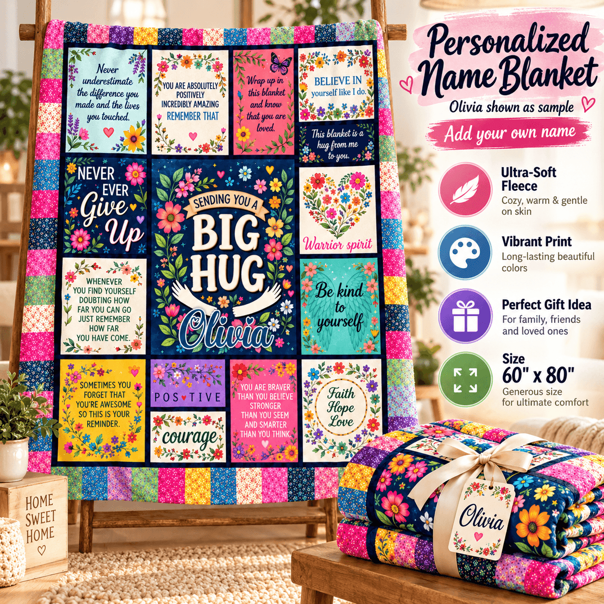 A colorful personalized name blanket displayed on a wooden stand, with a matching folded quilt bundle wrapped in a ribbon in the lower right. The blanket features a patchwork grid of bright floral and text panels with names and quotes, including 'BIG HUG Olivia' in the center.