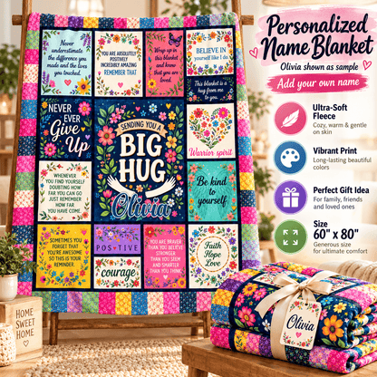 A colorful personalized name blanket displayed on a wooden stand, with a matching folded quilt bundle wrapped in a ribbon in the lower right. The blanket features a patchwork grid of bright floral and text panels with names and quotes, including 'BIG HUG Olivia' in the center.