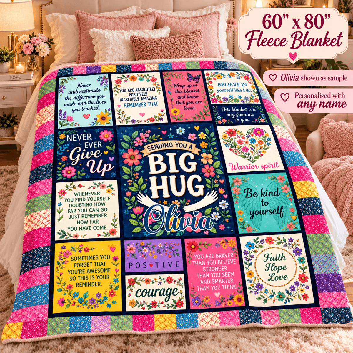 A personalized fleece blanket with a colorful patchwork quilt design and floral borders, featuring a central message that reads 'Sending you a Big Hug Olivia' with the name Olivia shown in sample text. The blanket is displayed on a bed in a cozy bedroom setting.