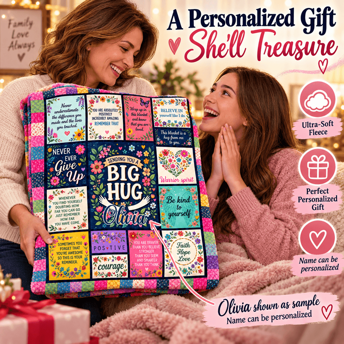 Two women smiling and hugging while holding a large personalized fleece gift blanket. The blanket features a colorful patchwork design with motivational quotes, floral patterns, and a central dark blue panel that reads 'The BIG HUG is for Olivia.