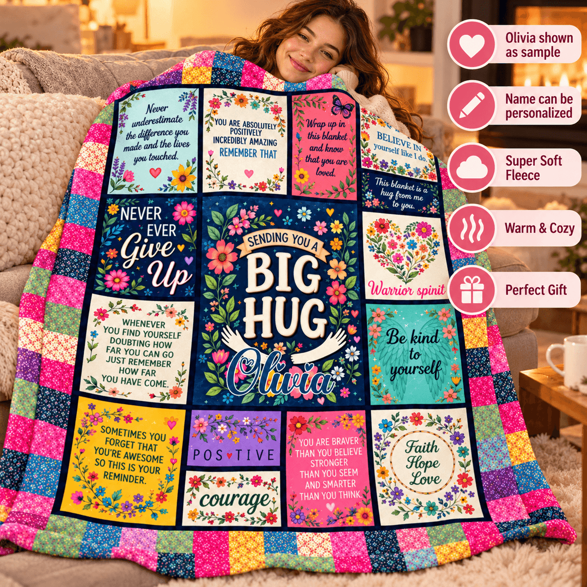 A woman sits on a couch wrapped in a colorful quilted blanket featuring floral and quote panels. Pink callout graphics on the right say the blanket is shown as a sample, can be personalized, is super soft fleece, warm and cozy, and is a perfect gift.