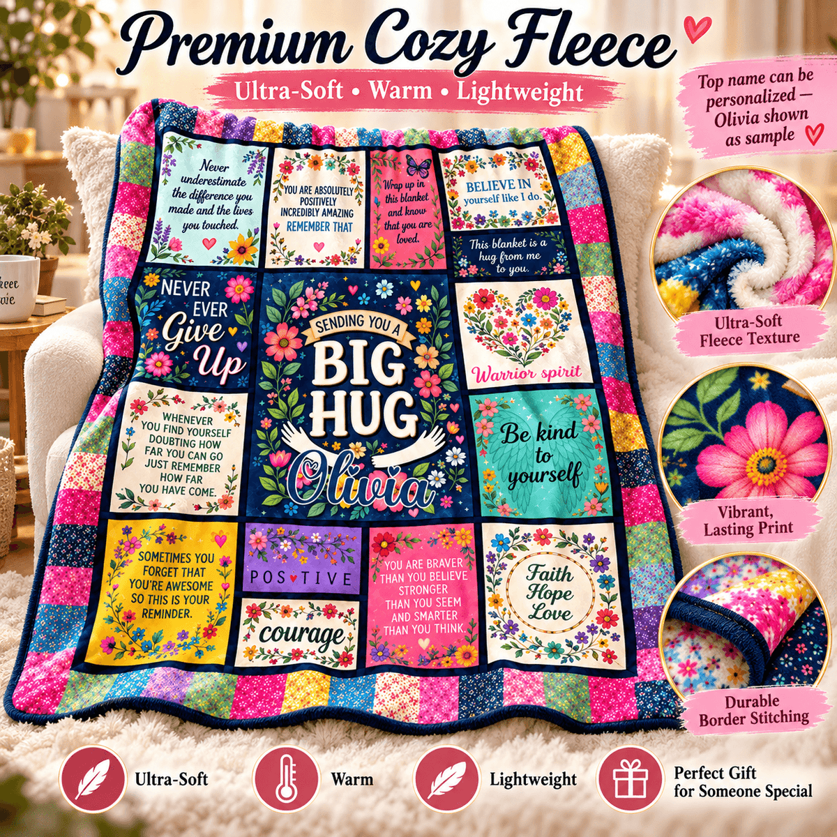 A colorful patchwork fleece blanket with a central 'BIG HUG Clara' design, displayed on a cream sofa with a matching throw. The blanket features multiple floral and quote panels in bright colors, with callout circles highlighting its soft texture, vibrant print, and durable border stitching.