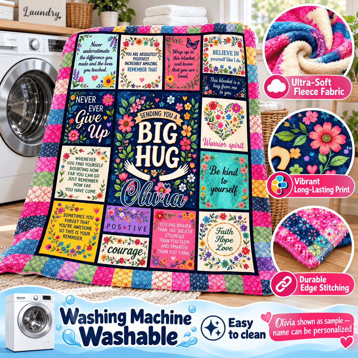 A colorful patchwork fleece blanket with motivational text and floral prints, shown draped over a washing machine in a laundry room setting. The image includes circular inset detail callouts highlighting ultra-soft fleece fabric, vibrant long-lasting print, and durable edge stitching, along with text noting it is washing machine washable and easy to clean.