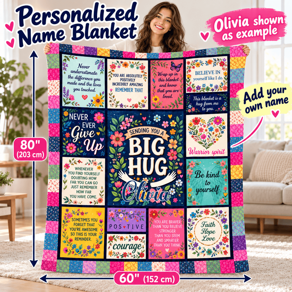 A colorful personalized name blanket with floral and quote panels is shown draped over a woman in a living room. The blanket features multiple square patches with different designs, flowers, butterflies, and motivational quotes, including the customizable text 'Sending you a BIG HUG Olivia' and 'Add your own name.