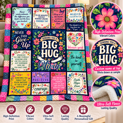 A colorful personalized fleece quilt featuring motivational quotes, floral borders, and a large central 'BIG HUG Olivia' design, shown on a white background with product feature callouts and circular inset details.