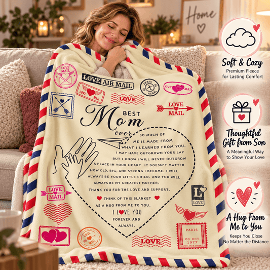 A woman sits on a couch wrapped in a cream fleece blanket printed with vintage-style airmail stamps, hearts, and a large message for Mom. The scene is warmly lit, with a product infographic overlay on the right side highlighting softness, thoughtful gift value, and long-distance comfort.