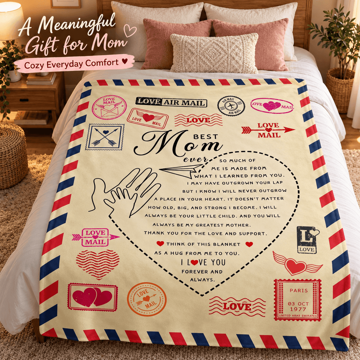 A cozy cream-colored blanket with a vintage airmail design and a heartfelt message for Mom, styled on a bed with pink pillows and a wooden headboard in a bedroom setting.