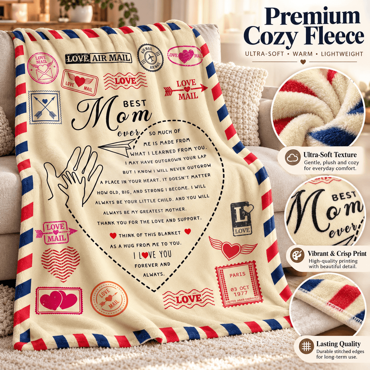 A cream-colored fleece blanket with red and blue striped borders and a heart-shaped printed message for Mom, styled on a sofa with a knit pillow. The image includes promotional text overlays and circular inset images showing the blanket's soft texture and print details.