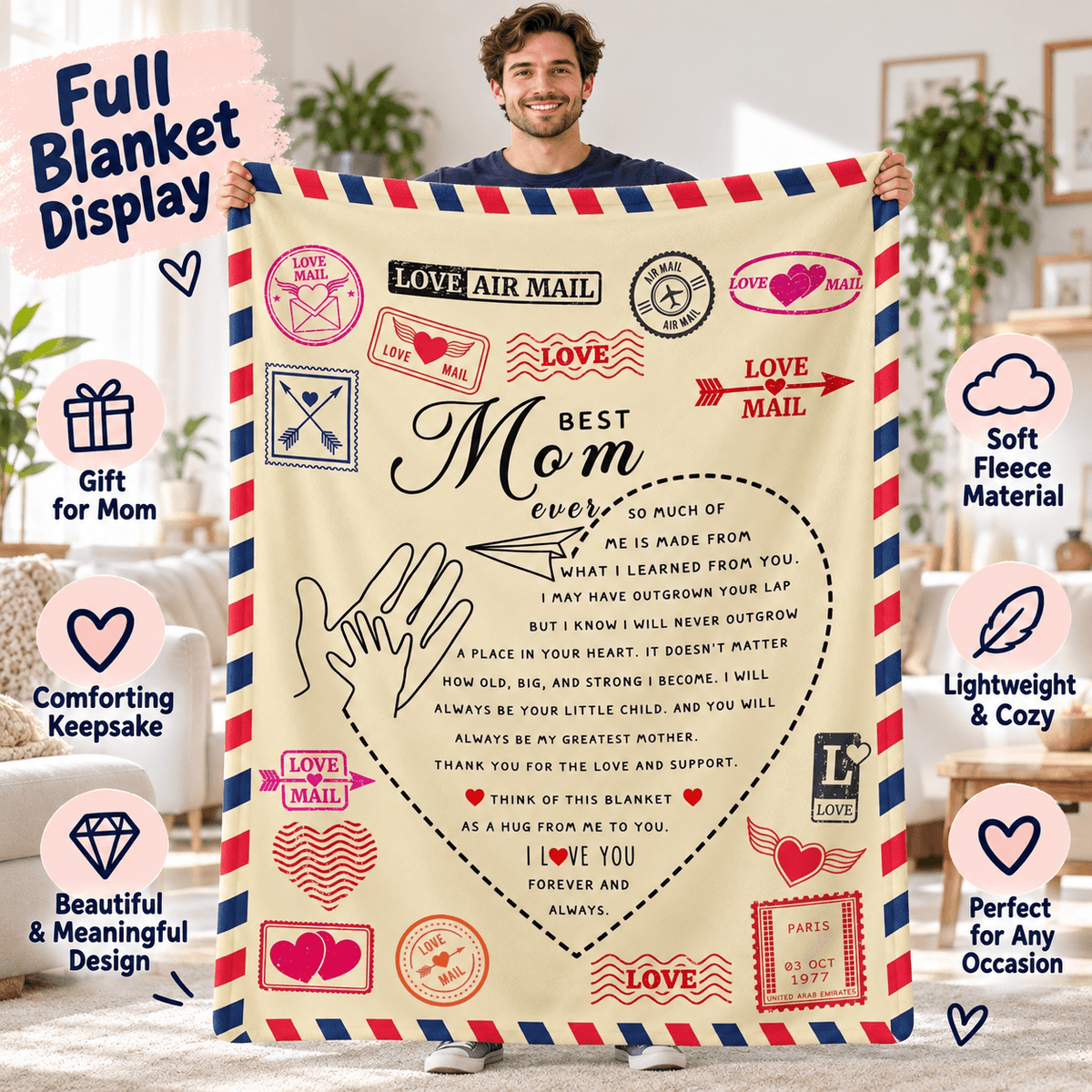 A man holds up a large cream-colored blanket printed with a vintage-style air mail design, featuring red and blue striped borders, stamps, hearts, and a heartfelt message for Mom. The scene is set in a bright living room, with promotional text callouts around the edges highlighting features like a full blanket display, gift for mom, comforting keepsake, and soft fleece material.