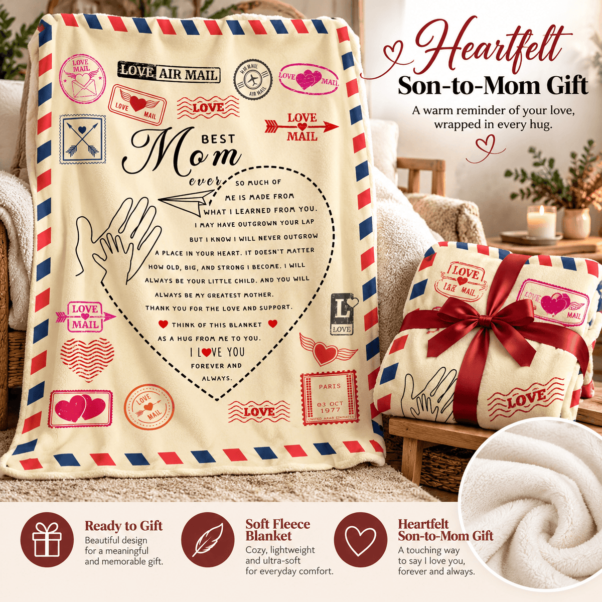 A heart-shaped fleece blanket and matching pillow set styled as a 'Son-to-Mom Gift' with vintage airmail-inspired red, white, and blue borders and stamp graphics. The blanket features a large central heart with a handwritten message and the words 'Best Mom Ever.