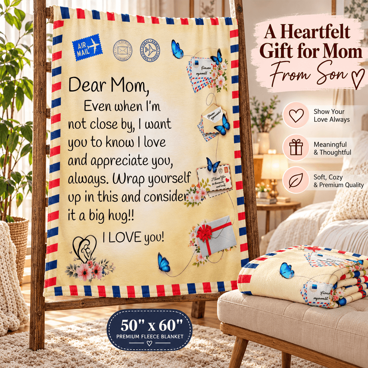 A fleece blanket with a vintage airmail design is draped over a wooden stand in a cozy living room setting. The blanket features a cream background with red and blue striped borders, blue butterflies, and a sentimental message for 'Mom'.