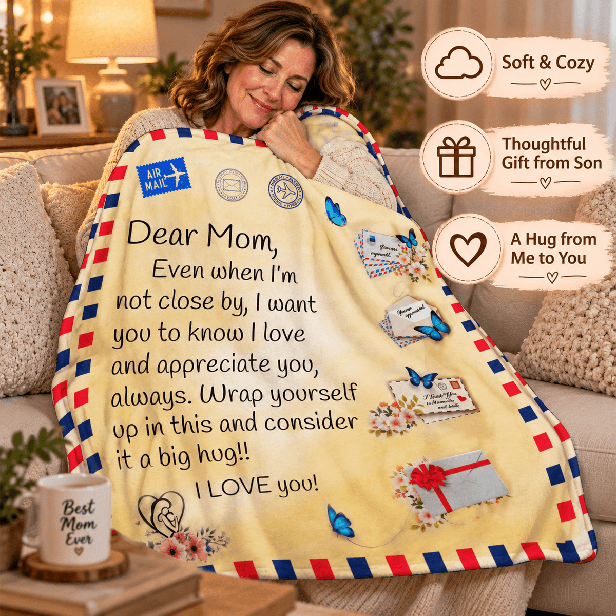 A woman sits on a couch wrapped in a cream-colored fleece blanket printed with a heartfelt message for her mother, decorated with red, white, and blue border stripes and small butterfly and envelope illustrations. Three circular callout graphics on the right read 'Soft & Cozy', 'Thoughtful Gift from Son', and 'A Hug from Me to You'.