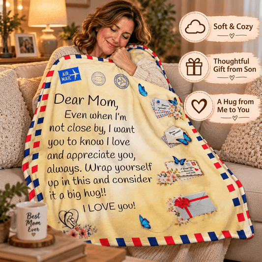 A woman sits on a couch wrapped in a cream-colored fleece blanket printed with a heartfelt message for her mother, decorated with red, white, and blue border stripes and small butterfly and envelope illustrations. Three circular callout graphics on the right read 'Soft & Cozy', 'Thoughtful Gift from Son', and 'A Hug from Me to You'.