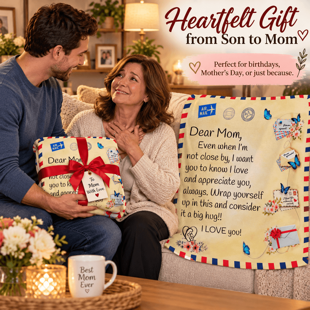 A man sits on a couch with a woman holding a wrapped gift box and a large printed Mother's Day gift wrap design beside them. The scene is a cozy living room with warm lighting, and the image includes promotional text reading 'Heartfelt Gift from Son to Mom' and a sample letter on the gift wrap.