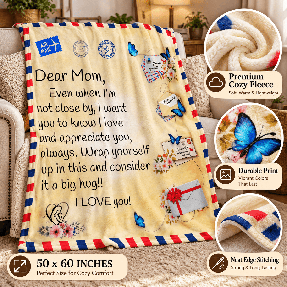 A cozy fleece throw blanket draped over a sofa in a living room setting, featuring a cream background with a red, white, and blue striped border, printed with a heartfelt message for Mom, butterflies, flowers, and postage stamps. Three circular inset callouts on the right highlight the blanket's premium texture, vibrant print, and neat edge stitching.