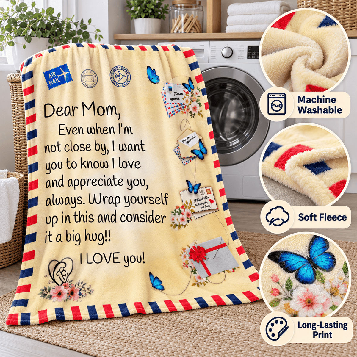 A cream-colored fleece throw blanket with a red, white, and blue striped border, decorated with a printed message for 'Mom' and small butterfly and floral motifs. The blanket is draped over a wicker basket in a laundry room setting next to a washing machine, with three circular inset images on the right highlighting its soft texture, machine washability, cloud-like softness, and durable print.