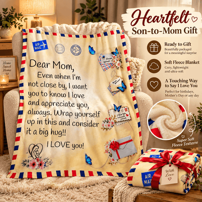 A cream fleece blanket with a red, white, and blue striped border, printed with a sentimental Mother's Day message, decorated with blue butterflies, postmarks, and flowers. The blanket is draped over an armchair in a cozy living room setting, with a matching wrapped gift box shown in the foreground and product feature callouts on the right.