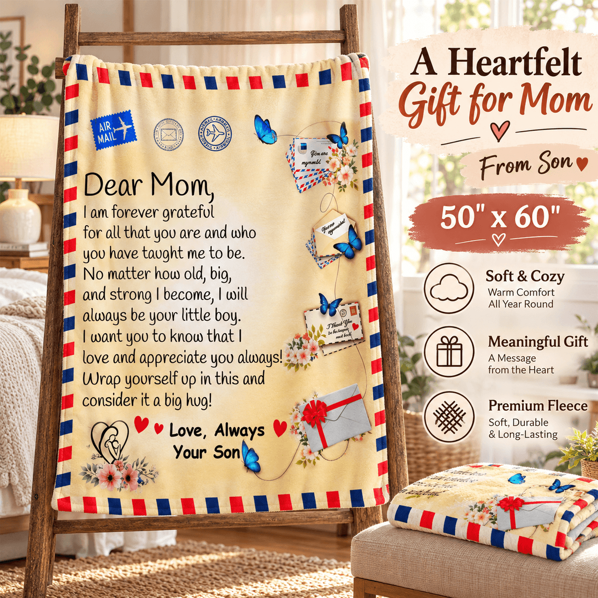 A personalized fleece blanket with a cream background, red and blue striped border, and a printed heartfelt letter to Mom, displayed on a wooden chair in a bright living room setting. The right side of the image features promotional text and icons highlighting the blanket's features.