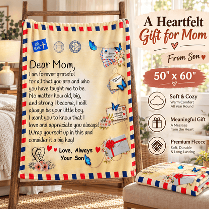 A personalized fleece blanket with a cream background, red and blue striped border, and a printed heartfelt letter to Mom, displayed on a wooden chair in a bright living room setting. The right side of the image features promotional text and icons highlighting the blanket's features.