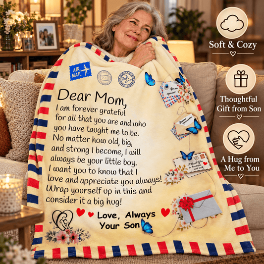 A woman sits on a couch holding a large cream throw blanket printed with a heartfelt letter to her son, decorated with red and blue striped borders, butterflies, flowers, and gift motifs. The scene is a cozy living room with warm lighting, and three circular callout graphics on the right say Soft & Cozy, Thoughtful Gift from Son, and A Hug from Me to You.