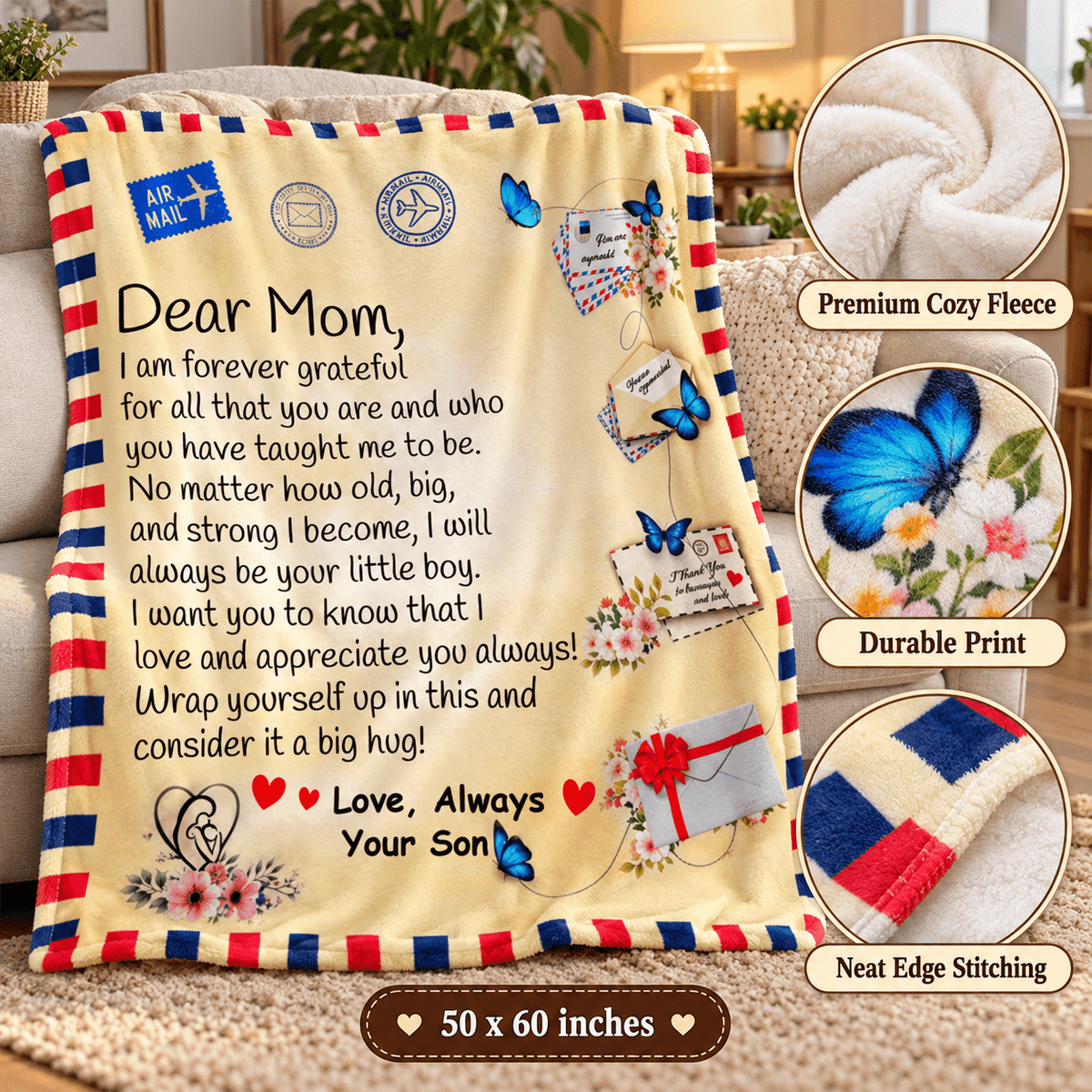 Personalized cream throw blanket with red and blue striped border, printed with a heartfelt letter to Mom, butterflies, flowers, and stamps. Shown draped over a couch in a living room with circular inset callouts highlighting premium cozy fleece, durable print, and neat edge stitching.