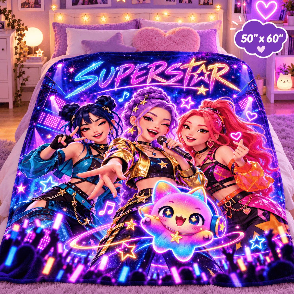 Single Custom Cat 50 x 60 Superstar Neon Pop Idol Blanket – Colorful Concert Cozy Plush Fleece Blanket 50×60