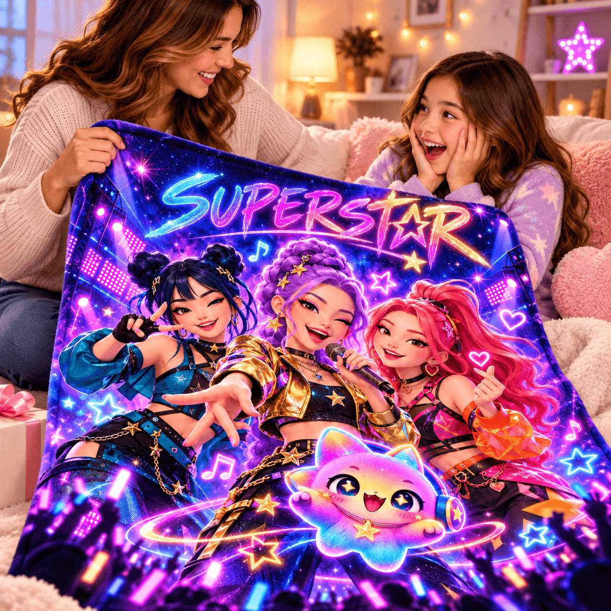 Single Custom Cat 50 x 60 Superstar Neon Pop Idol Blanket – Colorful Concert Cozy Plush Fleece Blanket 50×60