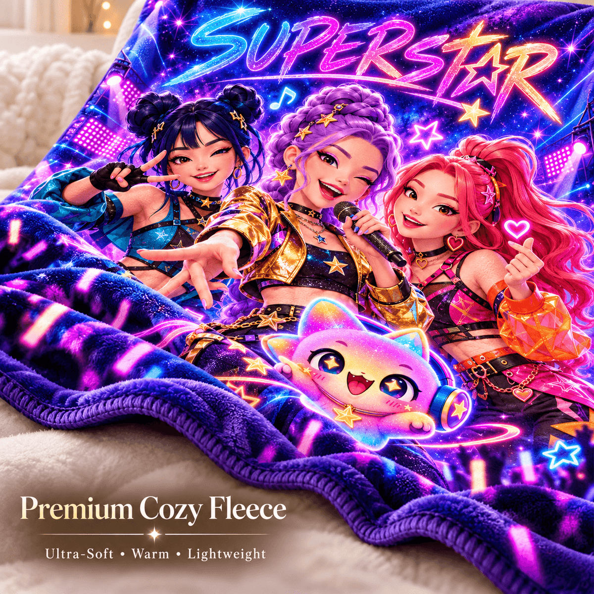 Single Custom Cat 50 x 60 Superstar Neon Pop Idol Blanket – Colorful Concert Cozy Plush Fleece Blanket 50×60