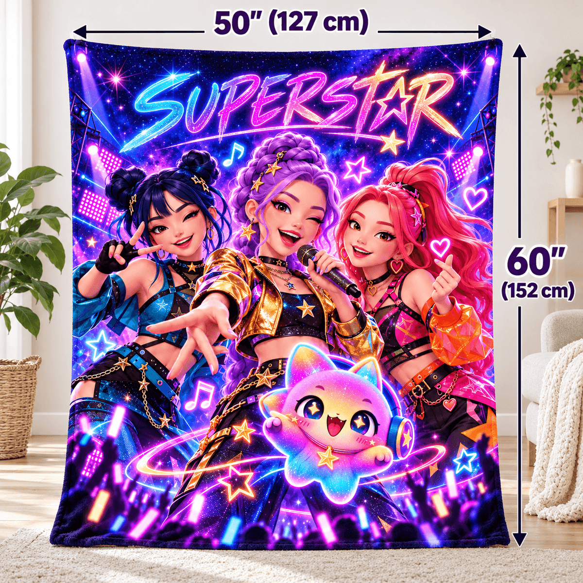 Single Custom Cat 50 x 60 Superstar Neon Pop Idol Blanket – Colorful Concert Cozy Plush Fleece Blanket 50×60