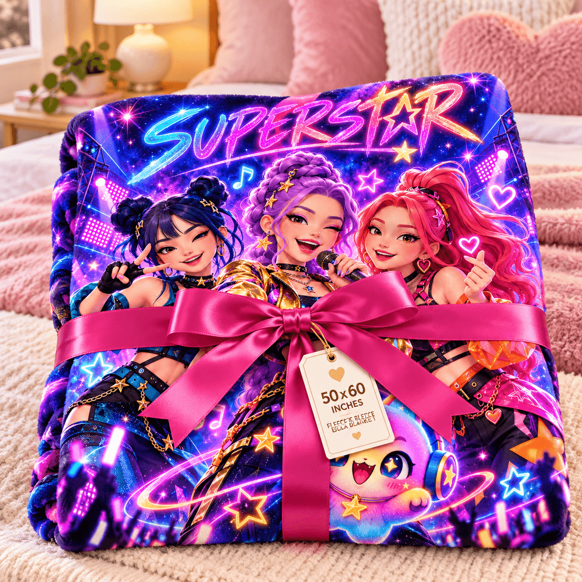 Single Custom Cat 50 x 60 Superstar Neon Pop Idol Blanket – Colorful Concert Cozy Plush Fleece Blanket 50×60
